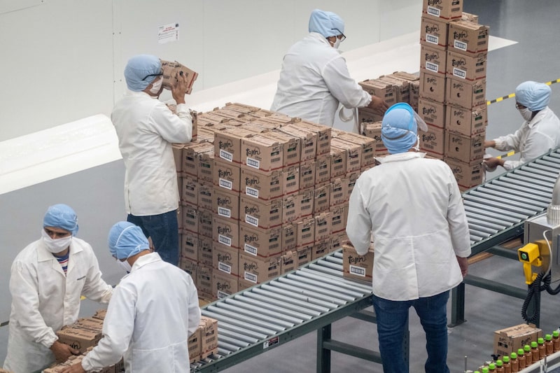 Workers package bottles of Tajin Clasico seasoning at the company's production plant in Tala, Jalisco state, Mexico, on Wednesday, April 6, 2022. Tajin has a global presence in more than 30 countries across five continents with 50% of its sales occurring in the United States. Photographer: Cesar Rodriguez/Bloomberg Workers package bottles of Tajin Clasico seasoning at the company's production plant in Tala, Jalisco state, Mexico, on Wednesday, April 6, 2022. Tajin has a global presence in more than 30 countries across five continents with 50% of its sales occurring in the United States. Photographer: Cesar Rodriguez/Bloomberg