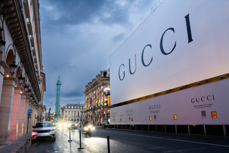 A Gucci advertising hoarding covers a building on rue de la Paix in central Paris, France, on Tuesday, April 24, 2023. Kering reports earnings following the market close on April 25. Photographer: Nathan Laine/Bloomberg via Getty Images A Gucci advertising hoarding covers a building on rue de la Paix in central Paris, France, on Tuesday, April 24, 2023. Kering reports earnings following the market close on April 25. Photographer: Nathan Laine/Bloomberg via Getty Images