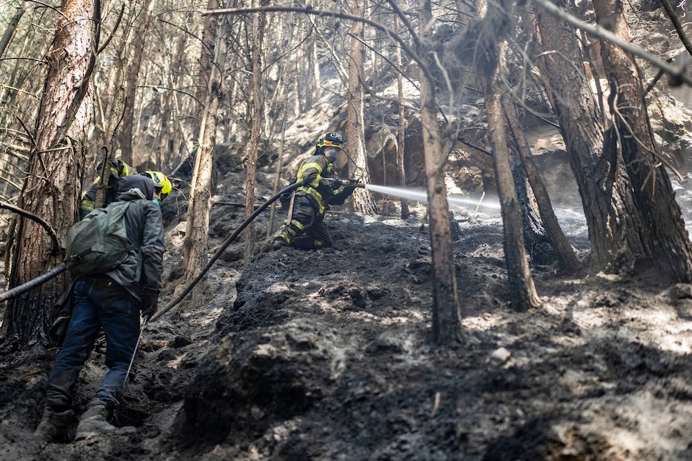 Firefighters spray water during a wildfire on El Cable Hill near Bogota, Colombia, on Saturday, Jan. 27, 2024. Colombia declared a national disaster as wildfires spread through drought-hit forests and filled the capital, Bogota, with smoke. Photographer: Nathalia Angarita/Bloomberg Firefighters spray water during a wildfire on El Cable Hill near Bogota, Colombia, on Saturday, Jan. 27, 2024. Colombia declared a national disaster as wildfires spread through drought-hit forests and filled the capital, Bogota, with smoke. Photographer: Nathalia Angarita/Bloomberg