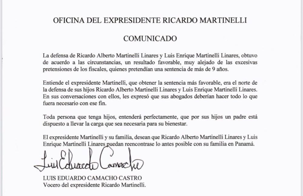 Comunicado del vocero del expresidente Ricardo Martinelli Comunicado del vocero del expresidente Ricardo Martinelli