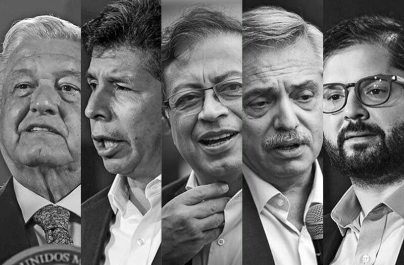 De izquierda a derecha los presidentes de México, Andrés Manuel López Obrador; Perú, Pedro Castillo; Colombia, Gustavo Petro; Argentina, Alberto Fernández; y Chile, Gabriel Boric. De izquierda a derecha los presidentes de México, Andrés Manuel López Obrador; Perú, Pedro Castillo; Colombia, Gustavo Petro; Argentina, Alberto Fernández; y Chile, Gabriel Boric.