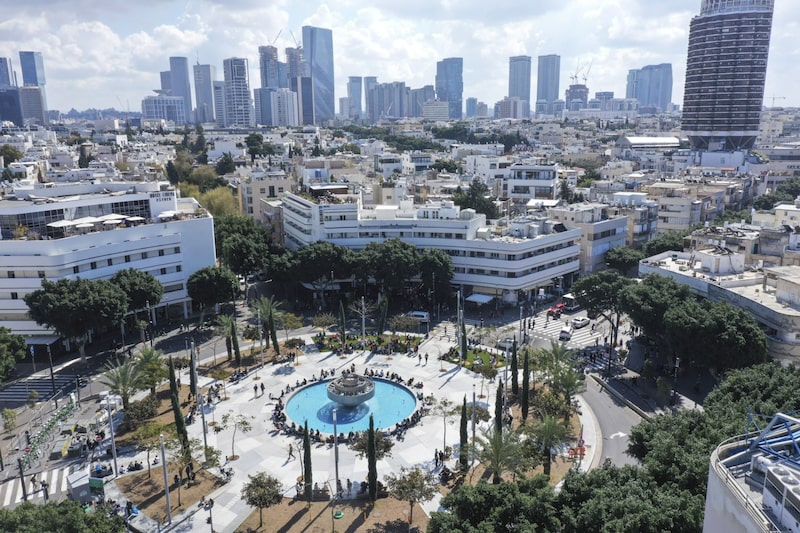People relax on Dizengoff Square in this aerial photograph taken in Tel Aviv, Israel, on Friday, March 5, 2021. People relax on Dizengoff Square in this aerial photograph taken in Tel Aviv, Israel, on Friday, March 5, 2021.