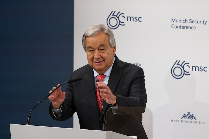 Antonio Guterres, secretary-general of the United Nations (UN), on the opening day of the Munich Security Conference in Munich, Germany, on Friday, Feb. 16, 2024. The 60th Munich Security Conference runs through Feb. 18, at a time Russias invasion of Ukraine is soon to reach a third year. Antonio Guterres, secretary-general of the United Nations (UN), on the opening day of the Munich Security Conference in Munich, Germany, on Friday, Feb. 16, 2024. The 60th Munich Security Conference runs through Feb. 18, at a time Russias invasion of Ukraine is soon to reach a third year.