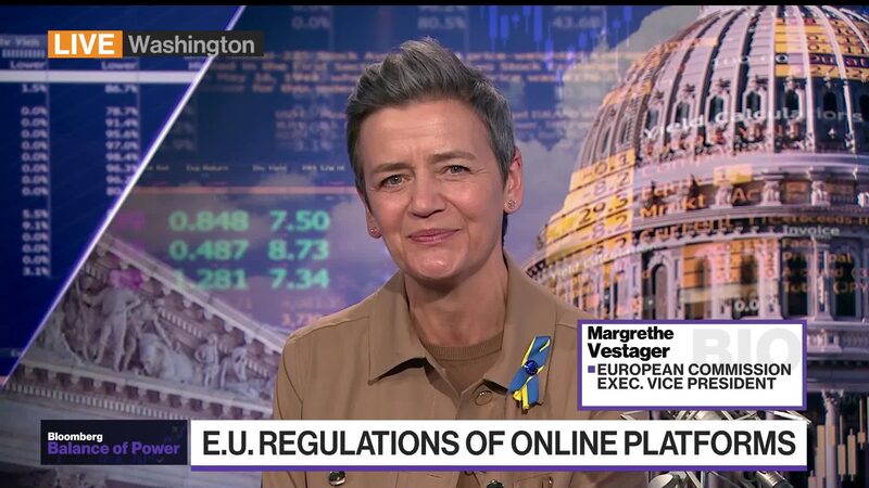 A vice-presidente executiva da Comissão Europeia, Margrethe Vestager, fala na Bloomberg Television A vice-presidente executiva da Comissão Europeia, Margrethe Vestager, fala na Bloomberg Television