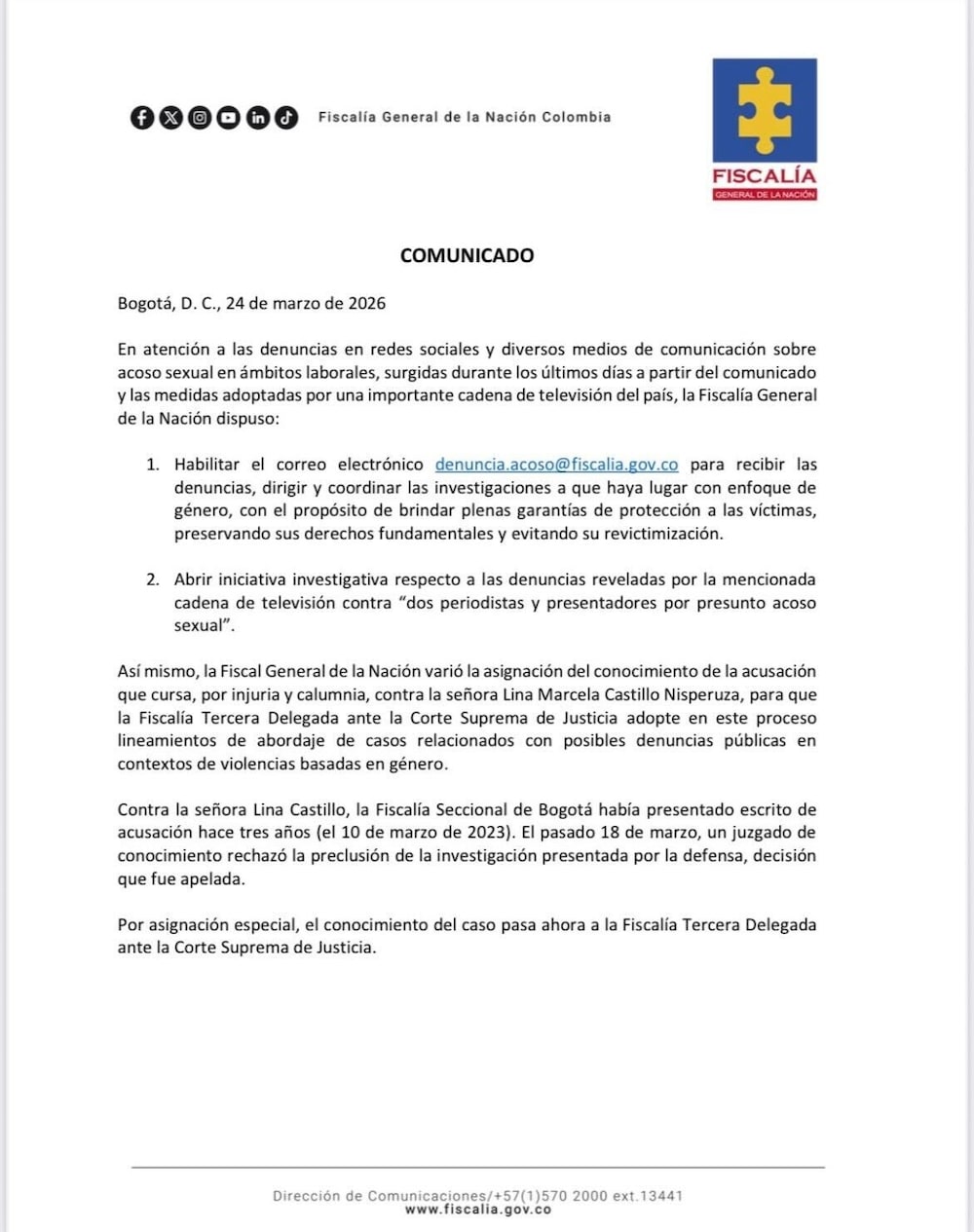 Comunicado Fiscalía Comunicado Fiscalía