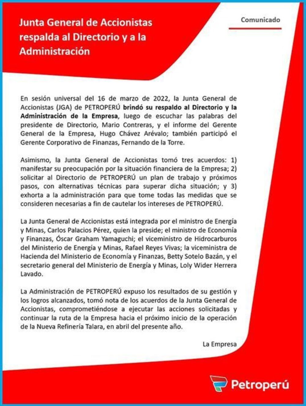 Comunicado que Petroperú eliminó de su portal web. Comunicado que Petroperú eliminó de su portal web.