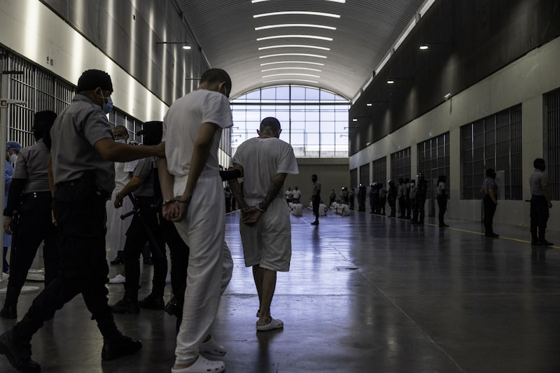 Los guardias de prisión conducen a los reclusos a través de la prisión CECOT en Tecoluca, El Salvador. Fotógrafo: John Moore/Getty Images. Los guardias de prisión conducen a los reclusos a través de la prisión CECOT en Tecoluca, El Salvador. Fotógrafo: John Moore/Getty Images.