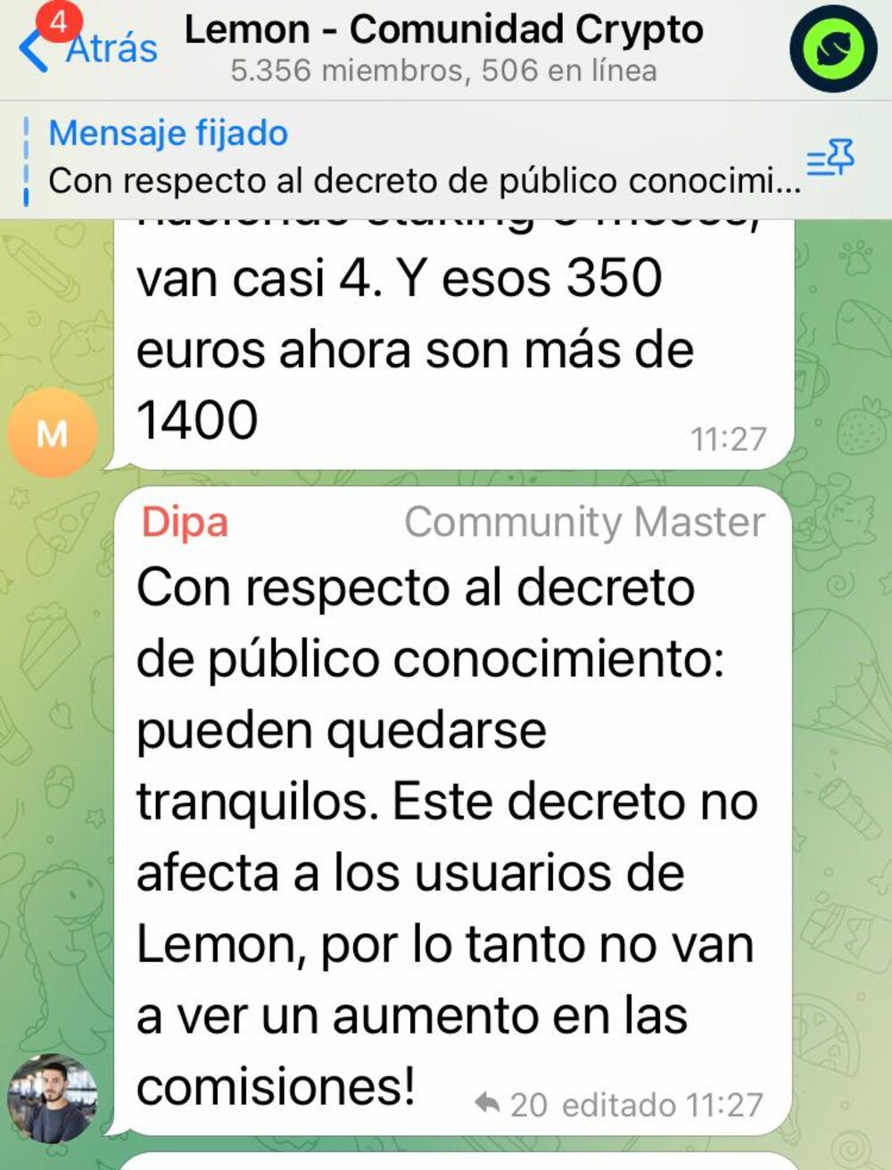 Fuente: Comunicación Lemon en Telegram. Fuente: Comunicación Lemon en Telegram.