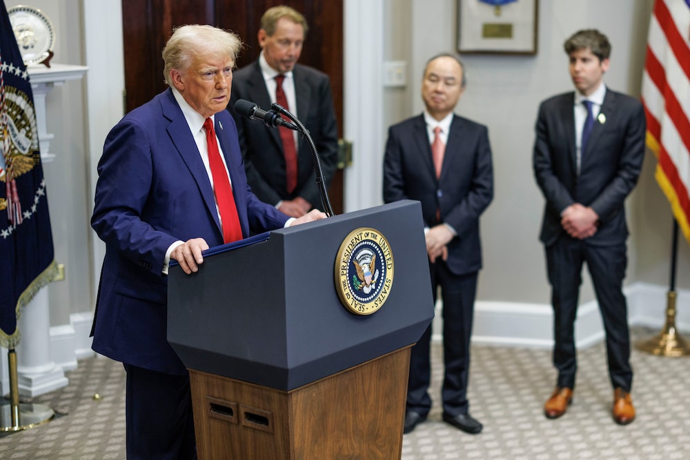 US President Donald Trump, from left, Larry Ellison, co-founder and executive chairman of Oracle Corp., Junichi Miyakawa, chief executive officer of SoftBank Corp., and Sam Altman, chief executive officer of OpenAI Inc., in the Roosevelt Room of the White House in Washington, DC, US, on Tuesday, Jan. 21, 2025. Trump announced a joint venture to fund artificial intelligence infrastructure worth billions of dollars with the leaders of Softbank Group Corp., OpenAI LLC, and Oracle Corp., an effort aimed at speeding development of the emerging technology. Photographer: Aaron Schwartz/Sipa/Bloomberg US President Donald Trump, from left, Larry Ellison, co-founder and executive chairman of Oracle Corp., Junichi Miyakawa, chief executive officer of SoftBank Corp., and Sam Altman, chief executive officer of OpenAI Inc., in the Roosevelt Room of the White House in Washington, DC, US, on Tuesday, Jan. 21, 2025. Trump announced a joint venture to fund artificial intelligence infrastructure worth billions of dollars with the leaders of Softbank Group Corp., OpenAI LLC, and Oracle Corp., an effort aimed at speeding development of the emerging technology. Photographer: Aaron Schwartz/Sipa/Bloomberg