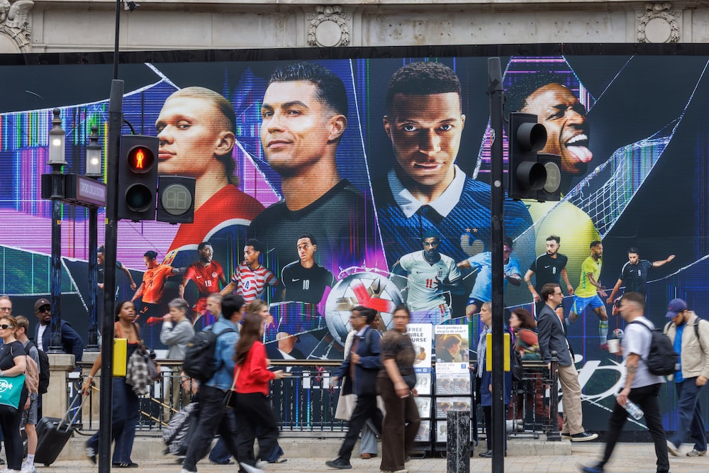 Advertising hoarding around a Nike Inc. store in London, UK, on Friday, June 12, 2026. Global spending on the World Cup could top $80 billion. Photographer: Jason Alden/Bloomberg Advertising hoarding around a Nike Inc. store in London, UK, on Friday, June 12, 2026. Global spending on the World Cup could top $80 billion. Photographer: Jason Alden/Bloomberg