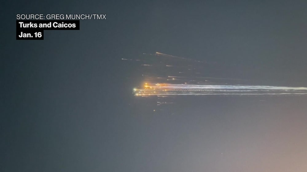 Caída de restos del cohete SpaceX Starship el 16 de enero. Fuente: Bloomberg. Caída de restos del cohete SpaceX Starship el 16 de enero. Fuente: Bloomberg.