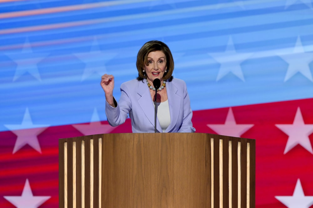 Representative Nancy Pelosi, a Democrat from California, speaks during the Democratic National Convention (DNC) at the United Center in Chicago, Illinois, US, on Wednesday, Aug. 21, 2024. The Democratic National Convention this week marks the ceremonial crowning of Vice President Kamala Harris and Minnesota Governor Tim Walz as the party's presidential nominees, capping off a whirlwind month for Democrats who quickly coalesced behind the new ticket after President Joe Biden dropped out of the race in July. Photographer: David Paul Morris/Bloomberg Representative Nancy Pelosi, a Democrat from California, speaks during the Democratic National Convention (DNC) at the United Center in Chicago, Illinois, US, on Wednesday, Aug. 21, 2024. The Democratic National Convention this week marks the ceremonial crowning of Vice President Kamala Harris and Minnesota Governor Tim Walz as the party's presidential nominees, capping off a whirlwind month for Democrats who quickly coalesced behind the new ticket after President Joe Biden dropped out of the race in July. Photographer: David Paul Morris/Bloomberg