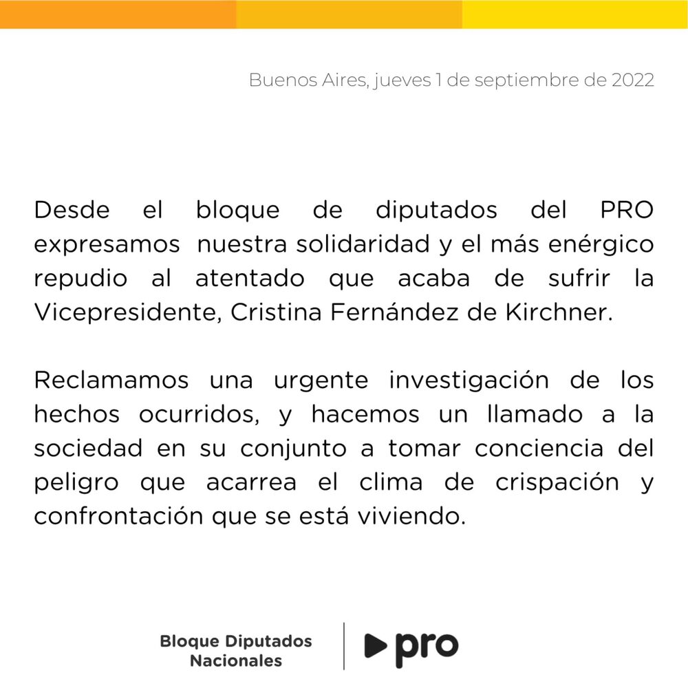 Comunicado oficial del PRO. El partido fundado por Mauricio Macri repudió el atentado contra Cristina Kirchner. Comunicado oficial del PRO. El partido fundado por Mauricio Macri repudió el atentado contra Cristina Kirchner.