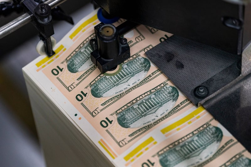 Billetes de dólar pasan a través de una máquina en la Oficina de Grabado e Impresión de EE.UU. en Washington, D.C. Billetes de dólar pasan a través de una máquina en la Oficina de Grabado e Impresión de EE.UU. en Washington, D.C.