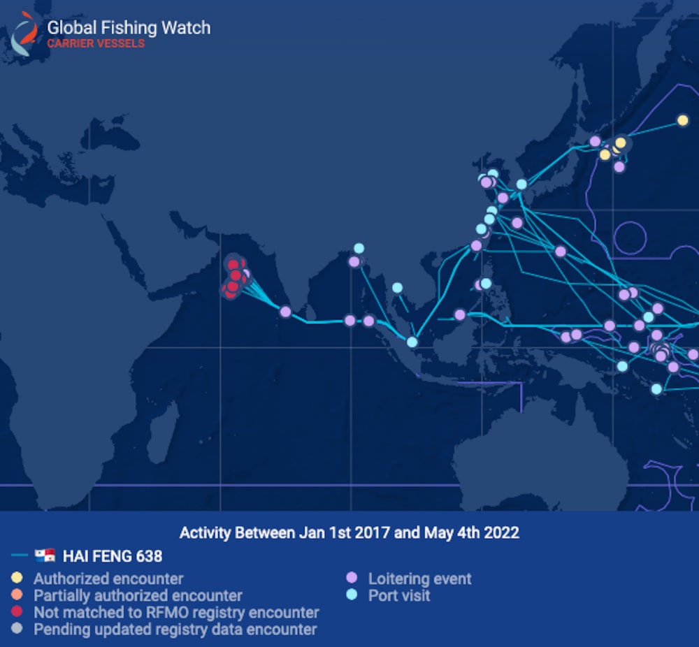 Movimientos del buque Star Mariner (anteriomente llamado Hai Feng 638) entre enero 2017 y mayo 2022. Movimientos del buque Star Mariner (anteriomente llamado Hai Feng 638) entre enero 2017 y mayo 2022.