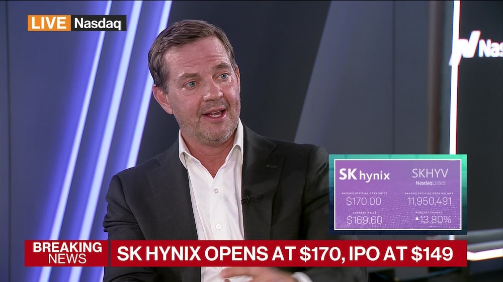 El presidente de Nasdaq, Nelson Griggs, analiza qué se avecina tras la salida a bolsa de SK Hynix. Fuente: Bloomberg El presidente de Nasdaq, Nelson Griggs, analiza qué se avecina tras la salida a bolsa de SK Hynix. Fuente: Bloomberg