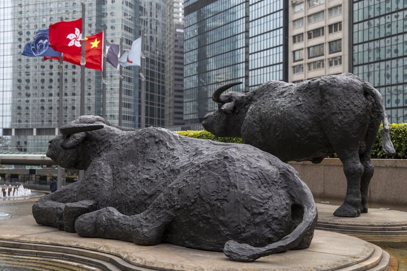 Esculturas de búfalos de agua a las afueras del complejo Exchange Square, sede de la Bolsa de Valores de Hong Kong. Esculturas de búfalos de agua a las afueras del complejo Exchange Square, sede de la Bolsa de Valores de Hong Kong.