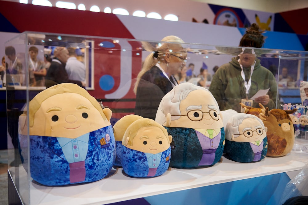 Squishmallow toys in the likeness of Warren Buffett and Greg Abel on the sales floor at the Berkshire Hathaway annual shareholders meeting in Omaha, Nebraska, US, on Saturday, May 2, 2026. Berkshire Hathaway Inc.'s cash pile jumped to its highest level ever, reaching $397 billion, in Greg Abel's first quarter as chief executive officer. Photographer: Dan Brouillette/Bloomberg Squishmallow toys in the likeness of Warren Buffett and Greg Abel on the sales floor at the Berkshire Hathaway annual shareholders meeting in Omaha, Nebraska, US, on Saturday, May 2, 2026. Berkshire Hathaway Inc.'s cash pile jumped to its highest level ever, reaching $397 billion, in Greg Abel's first quarter as chief executive officer. Photographer: Dan Brouillette/Bloomberg