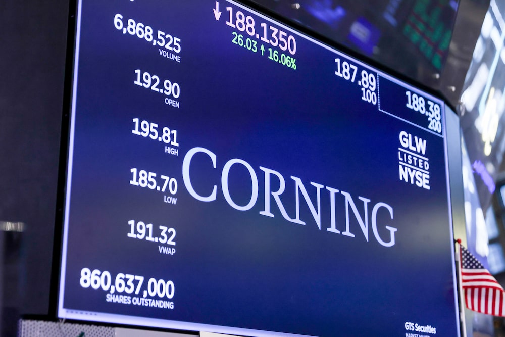 Corning Inc. signage on the floor of the New York Stock Exchange (NYSE) in New York, US, on Wednesday, May 6, 2026. Stocks climbed around the world, joining gains in bonds as oil retreated on hopes the US and Iran are nearing a deal to end a war that has jolted markets and clouded the economic outlook. Photographer: Michael Nagle/Bloomberg Corning Inc. signage on the floor of the New York Stock Exchange (NYSE) in New York, US, on Wednesday, May 6, 2026. Stocks climbed around the world, joining gains in bonds as oil retreated on hopes the US and Iran are nearing a deal to end a war that has jolted markets and clouded the economic outlook. Photographer: Michael Nagle/Bloomberg