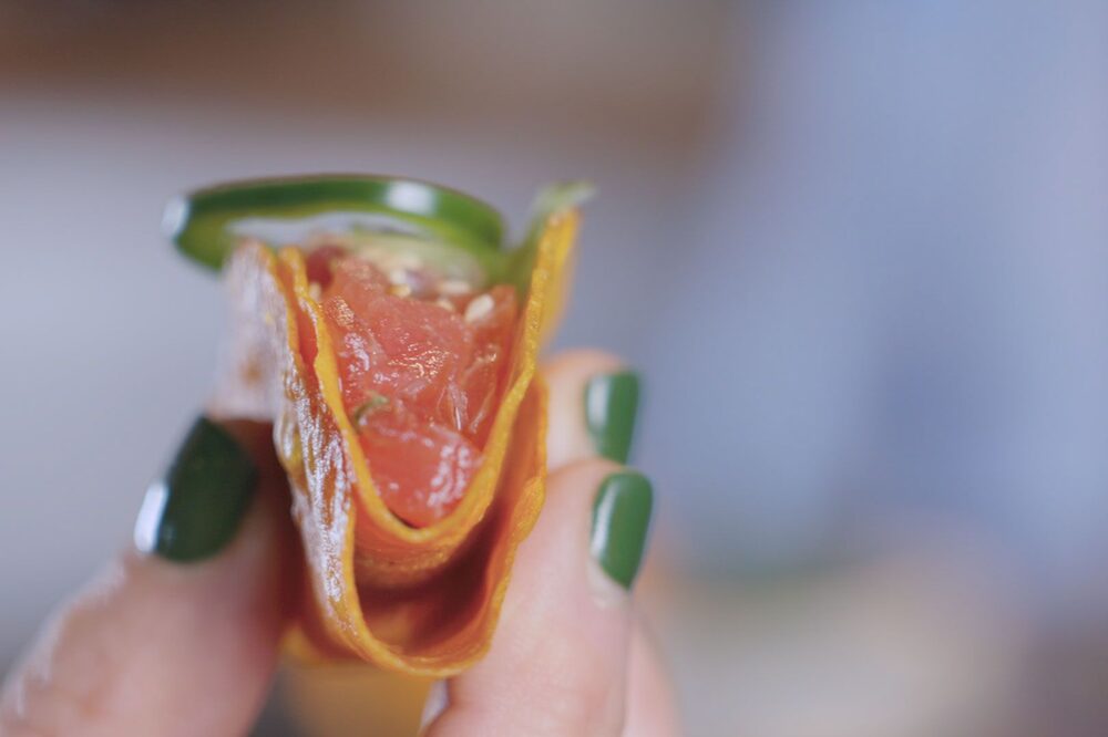 Tuna poke tostaditos in a sweet potato shell at Los Mochis. Tuna poke tostaditos in a sweet potato shell at Los Mochis.