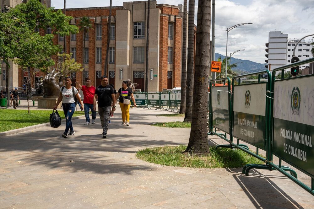 Earlier this year, the city placed metal barricades at the entrances of Plaza Botero, which displays 23 large bronze sculptures donated by world-renowned Colombian artist Fernando Botero. Photographer: Edinson Arroyo/Bloomberg Earlier this year, the city placed metal barricades at the entrances of Plaza Botero, which displays 23 large bronze sculptures donated by world-renowned Colombian artist Fernando Botero. Photographer: Edinson Arroyo/Bloomberg
