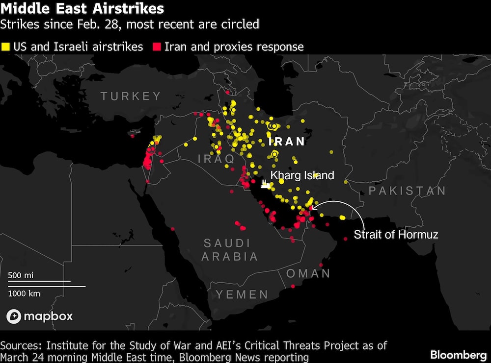 Middle East Airstrikes | Strikes since Feb. 28, most recent are circled Middle East Airstrikes | Strikes since Feb. 28, most recent are circled