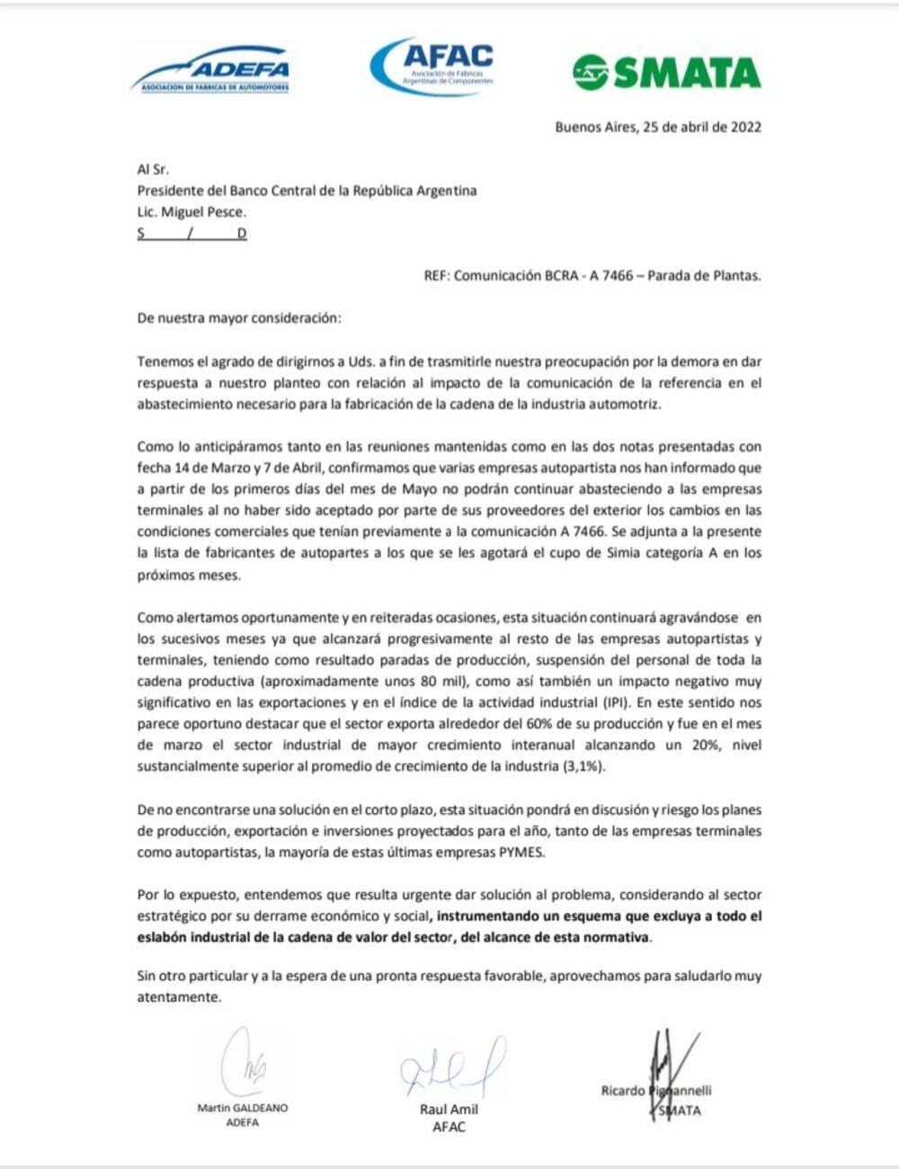 Pedido y advertencia por parte del sector automotriz Pedido y advertencia por parte del sector automotriz
