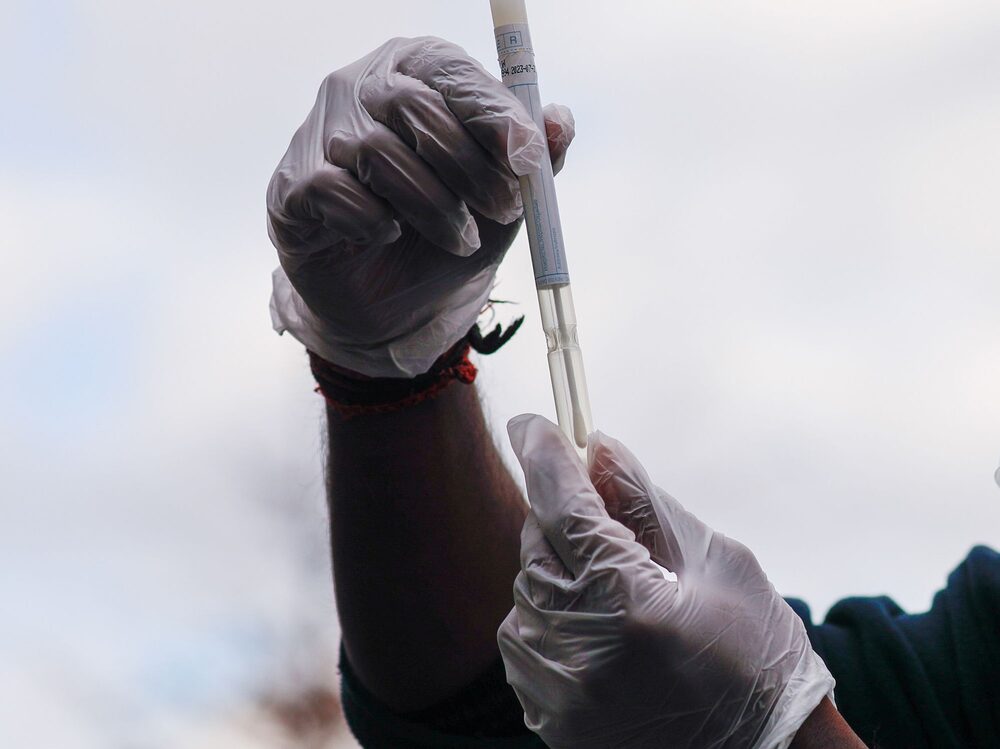 Un hisopo de PCR para coronavirus en el aeropuerto londinense de Gatwick. Un hisopo de PCR para coronavirus en el aeropuerto londinense de Gatwick.