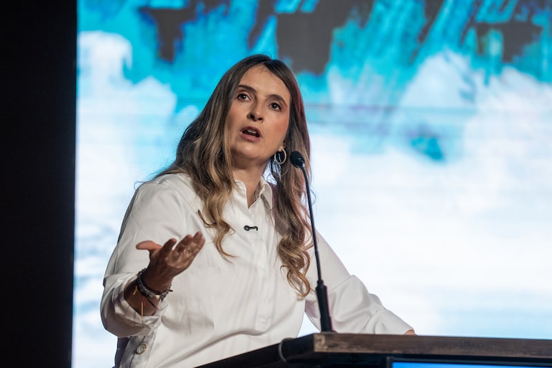 Paloma Valencia, presidential candidate for the Democratic Center party, speaks during an event in Bogota, Colombia, on Monday, April 13, 2026. Colombia's dollar bonds are outperforming Latin American peers amid a broader risk-on mood on Friday, after a fresh poll showed leftist candidate Ivan Cepeda losing to both of his right-wing opponents in a presidential runoff. Photographer: Nathalia Angarita/Bloomberg Paloma Valencia, presidential candidate for the Democratic Center party, speaks during an event in Bogota, Colombia, on Monday, April 13, 2026. Colombia's dollar bonds are outperforming Latin American peers amid a broader risk-on mood on Friday, after a fresh poll showed leftist candidate Ivan Cepeda losing to both of his right-wing opponents in a presidential runoff. Photographer: Nathalia Angarita/Bloomberg