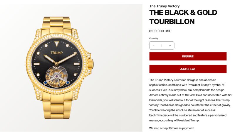 El reloj tourbillon es el más caro de varios relojes presentados con la marca Trump. El reloj tourbillon es el más caro de varios relojes presentados con la marca Trump.