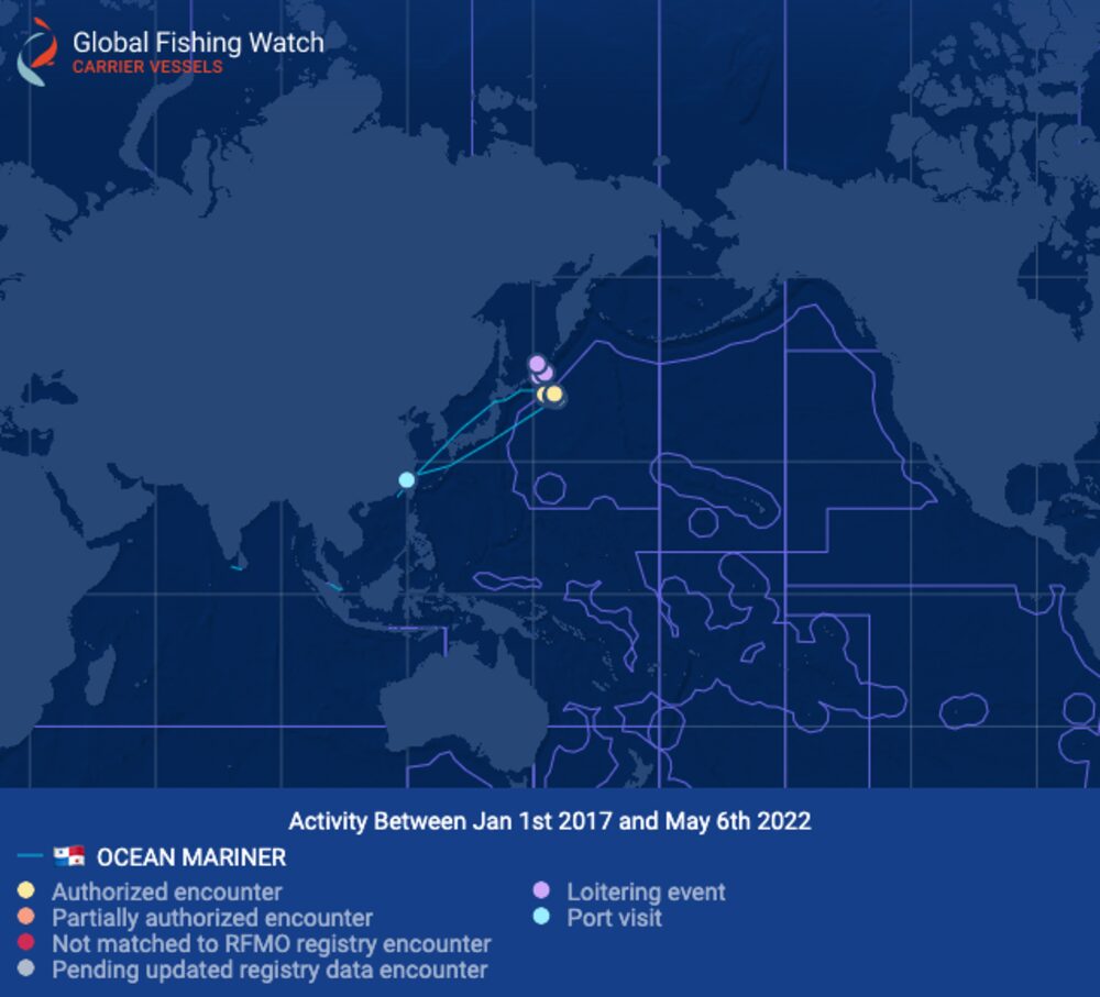 Movimientos del buque Ocean Mariner entre enero 2017 y mayo 2022. Movimientos del buque Ocean Mariner entre enero 2017 y mayo 2022.