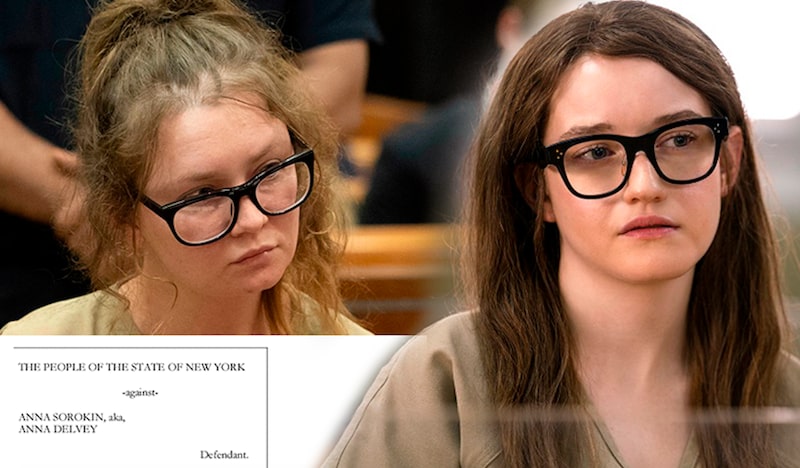 Em sentido horário: verdadeira Anna Sorokin (no alto à esquerda), a atriz Julia Garner e a capa do processo Em sentido horário: verdadeira Anna Sorokin (no alto à esquerda), a atriz Julia Garner e a capa do processo
