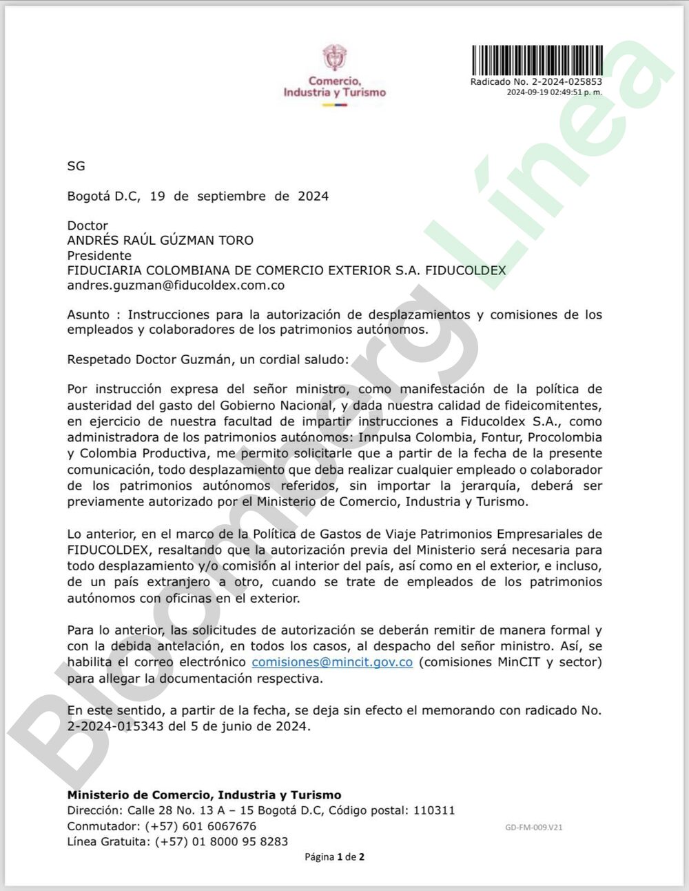 Carta Mincomercio Patrimonios Autónomos Carta Mincomercio Patrimonios Autónomos