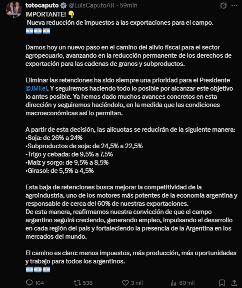 La publicación de Luis Caputo en X. El ministro de Economía anunció un nuevo recorte para las retenciones al campo. La publicación de Luis Caputo en X. El ministro de Economía anunció un nuevo recorte para las retenciones al campo.