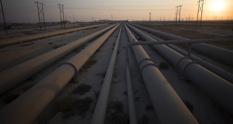 Los oleoductos atraviesan el parque de tanques de Juaymah, en la refinería y terminal petrolera de Saudi Aramco en Ras Tanura, Arabia Saudita. Los oleoductos atraviesan el parque de tanques de Juaymah, en la refinería y terminal petrolera de Saudi Aramco en Ras Tanura, Arabia Saudita.