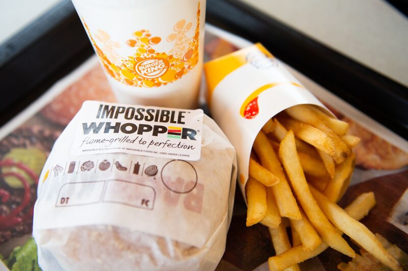 An 'Impossible Whopper' sits on a table at a Burger King restaurant in Richmond Heights, Missouri. An 'Impossible Whopper' sits on a table at a Burger King restaurant in Richmond Heights, Missouri.