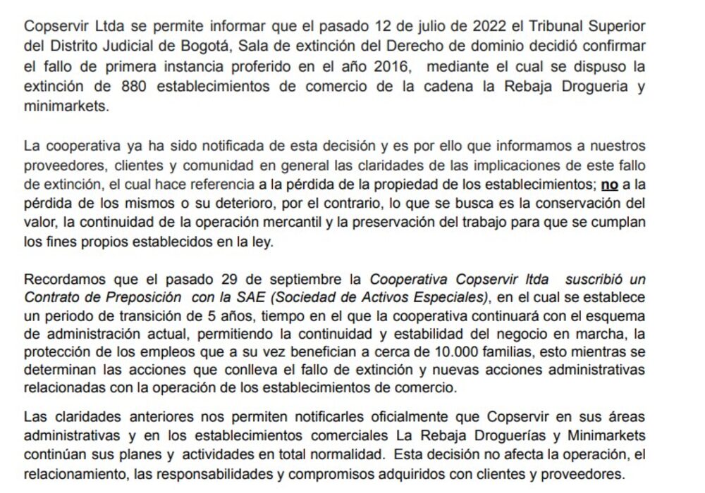 Comunicado de Corpservir ante fallo de Tribunal Superior de Bogotá Comunicado de Corpservir ante fallo de Tribunal Superior de Bogotá