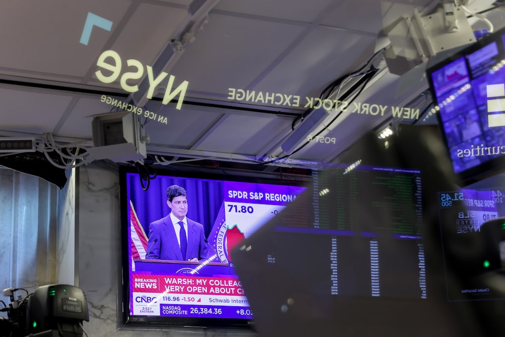 A television station broadcasts Kevin Warsh, chairman of the US Federal Reserve, speaking after a Federal Open Market Committee (FOMC) meeting on the floor of the New York Stock Exchange (NYSE) in New York, US, on Wednesday, June 17, 2026. Federal Reserve officials left interest rates unchanged and were split over whether they expect to raise rates this year. Photographer: Michael Nagle/Bloomberg A television station broadcasts Kevin Warsh, chairman of the US Federal Reserve, speaking after a Federal Open Market Committee (FOMC) meeting on the floor of the New York Stock Exchange (NYSE) in New York, US, on Wednesday, June 17, 2026. Federal Reserve officials left interest rates unchanged and were split over whether they expect to raise rates this year. Photographer: Michael Nagle/Bloomberg