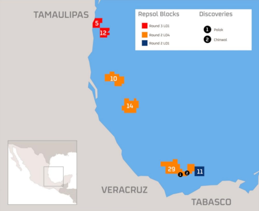 Mapa del Golfo de México con los bloques de Repsol en aguas profundas de México donde se encuentran los yacimientos Polok y Chinwol. (Imagen: Repsol). Mapa del Golfo de México con los bloques de Repsol en aguas profundas de México donde se encuentran los yacimientos Polok y Chinwol. (Imagen: Repsol).