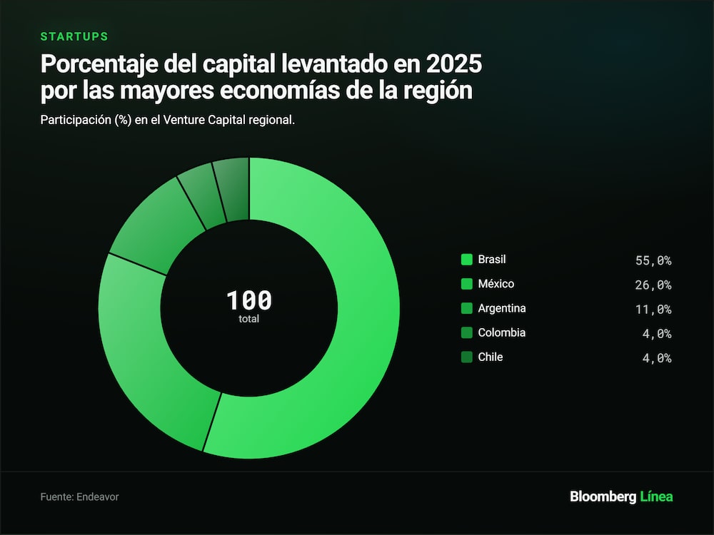 Porcentaje del capital levantado en 2025 por las mayores economías de la región. Porcentaje del capital levantado en 2025 por las mayores economías de la región.