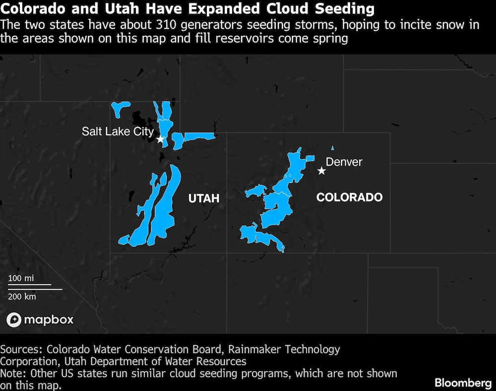 Colorado and Utah Have Expanded Cloud Seeding | The two states have about 310 generators seeding storms, hoping to incite snow in the areas shown on this map and fill reservoirs come spring Colorado and Utah Have Expanded Cloud Seeding | The two states have about 310 generators seeding storms, hoping to incite snow in the areas shown on this map and fill reservoirs come spring