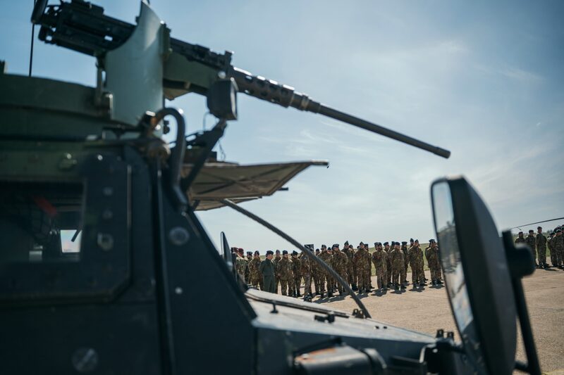 Military personnel deployed to Romania during a visit by Romania's President Klaus Iohannis, Romania's Prime Minister Nicolae Ciuca, and Belgium's Prime Minister Alexander De Croo, to North Atlantic Treaty Organization (NATO) forces at the Mihail Kogalniceanu Military Base in Constanta, Romania, on Wednesday, April 13, 2022. Finland started a process expected to lead to the Nordic nation’s bid to enter the NATO defense bloc, while media in neighboring Sweden reported its ruling party is now backing the idea after Russia’s invasion of Ukraine. Photographer: Andrei Pungovschi/Bloomberg Military personnel deployed to Romania during a visit by Romania's President Klaus Iohannis, Romania's Prime Minister Nicolae Ciuca, and Belgium's Prime Minister Alexander De Croo, to North Atlantic Treaty Organization (NATO) forces at the Mihail Kogalniceanu Military Base in Constanta, Romania, on Wednesday, April 13, 2022. Finland started a process expected to lead to the Nordic nation’s bid to enter the NATO defense bloc, while media in neighboring Sweden reported its ruling party is now backing the idea after Russia’s invasion of Ukraine. Photographer: Andrei Pungovschi/Bloomberg