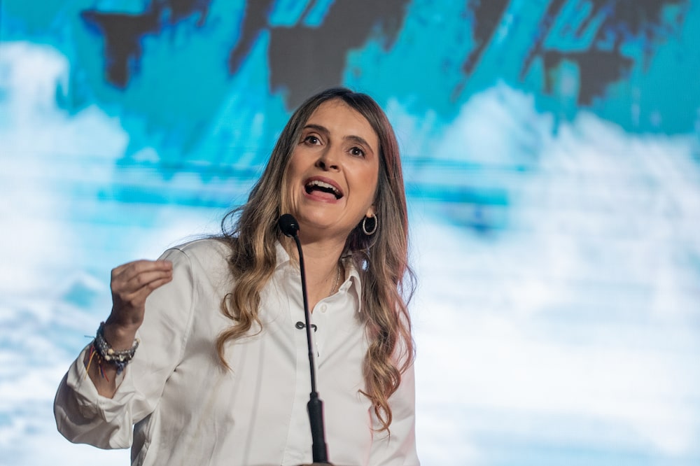 Paloma Valencia, presidential candidate for the Democratic Center party, speaks during an event in Bogota, Colombia, on Monday, April 13, 2026. Colombia's dollar bonds are outperforming Latin American peers amid a broader risk-on mood on Friday, after a fresh poll showed leftist candidate Ivan Cepeda losing to both of his right-wing opponents in a presidential runoff. Photographer: Nathalia Angarita/Bloomberg Paloma Valencia, presidential candidate for the Democratic Center party, speaks during an event in Bogota, Colombia, on Monday, April 13, 2026. Colombia's dollar bonds are outperforming Latin American peers amid a broader risk-on mood on Friday, after a fresh poll showed leftist candidate Ivan Cepeda losing to both of his right-wing opponents in a presidential runoff. Photographer: Nathalia Angarita/Bloomberg