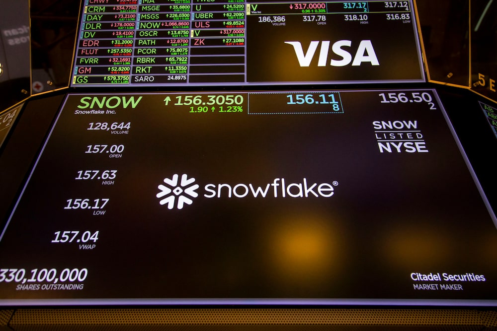 Snowflake Inc. signage on the floor of the New York Stock Exchange (NYSE) in New York, US, on Thursday, Jan. 2, 2025. US stocks powered higher on the back of optimism over the technology giants, signaling that Wall Street is set to rebound from the four-day slump that marked the end of 2024. Photographer: Michael Nagle/Bloomberg Snowflake Inc. signage on the floor of the New York Stock Exchange (NYSE) in New York, US, on Thursday, Jan. 2, 2025. US stocks powered higher on the back of optimism over the technology giants, signaling that Wall Street is set to rebound from the four-day slump that marked the end of 2024. Photographer: Michael Nagle/Bloomberg