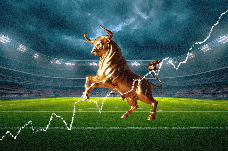 Un toro dorado frente a una gráfica ascendente simboliza el impulso alcista de los mercados financieros en medio del rally bursátil impulsado por la inteligencia artificial. Ilustración: María Pace. Un toro dorado frente a una gráfica ascendente simboliza el impulso alcista de los mercados financieros en medio del rally bursátil impulsado por la inteligencia artificial. Ilustración: María Pace.