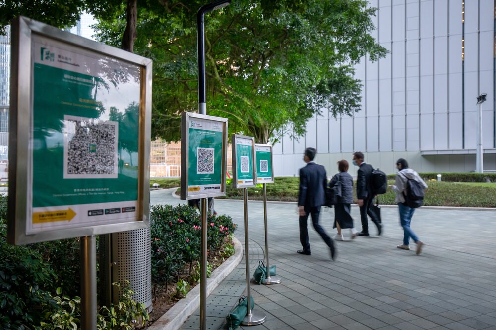 QR code para o aplicativo de rastreamento de contato LeaveHomeSafe Covid-19 em Hong Kong (Paul Yeung/Bloomberg) QR code para o aplicativo de rastreamento de contato LeaveHomeSafe Covid-19 em Hong Kong (Paul Yeung/Bloomberg)