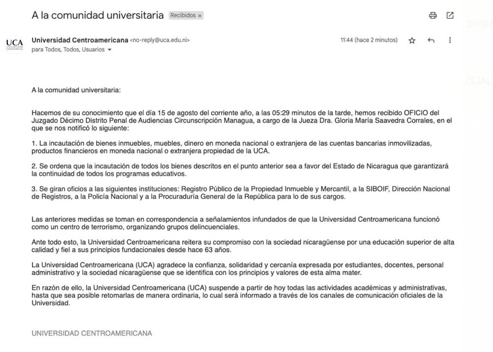 El correo enviado por la UCA a la comunidad estudiantil este 16 de agosto. El correo enviado por la UCA a la comunidad estudiantil este 16 de agosto.