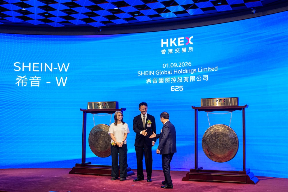 Leigh Gui, chief financial officer of Shein Global Holdings Ltd., center, during the companys listing ceremony at the Hong Kong Stock Exchange in Hong Kong, China, on Tuesday, Sept. 1, 2026. Shein shares fell as much as 10% in their Hong Kong debut after an initial public offering that raised HK$13.6 billion ($1.7 billion). Photographer: Lam Yik/Bloomberg Leigh Gui, chief financial officer of Shein Global Holdings Ltd., center, during the companys listing ceremony at the Hong Kong Stock Exchange in Hong Kong, China, on Tuesday, Sept. 1, 2026. Shein shares fell as much as 10% in their Hong Kong debut after an initial public offering that raised HK$13.6 billion ($1.7 billion). Photographer: Lam Yik/Bloomberg