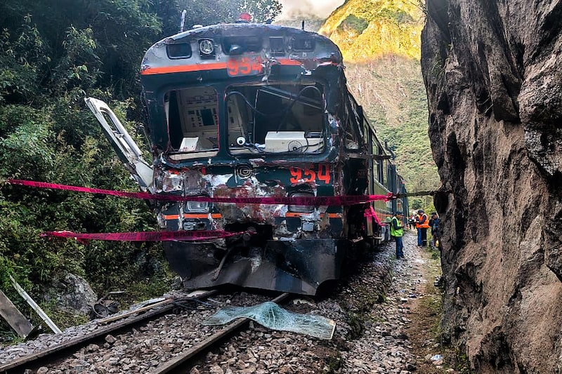 One of the two trains involved in a head-on collision connecting Machu Picchu with Ollantaytambo is pictured in Pampacahua, Cusco Department, Peru, on December 30, 2025. One of the two trains involved in a head-on collision connecting Machu Picchu with Ollantaytambo is pictured in Pampacahua, Cusco Department, Peru, on December 30, 2025.