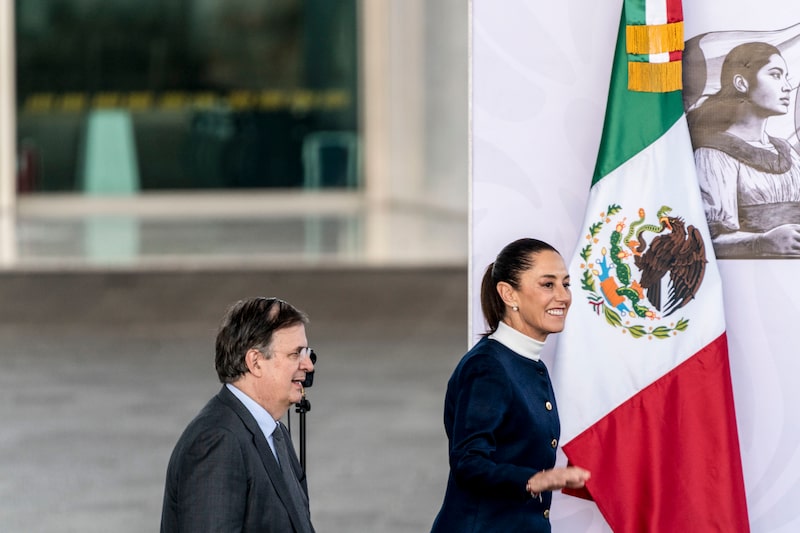 Claudia Sheinbaum, Mexico's president, right, and Marcelo Ebrard, Mexico's economy minister, arrive for a press conference at the National Anthropology Museum in Mexico City, Mexico, on Monday, Jan. 13, 2025. Sheinbaum announced a plan to reduce the countrys imports from China in a bid to support local industry and align herself with the US as a trade partner. Photographer: Stephania Corpi/Bloomberg Claudia Sheinbaum, Mexico's president, right, and Marcelo Ebrard, Mexico's economy minister, arrive for a press conference at the National Anthropology Museum in Mexico City, Mexico, on Monday, Jan. 13, 2025. Sheinbaum announced a plan to reduce the countrys imports from China in a bid to support local industry and align herself with the US as a trade partner. Photographer: Stephania Corpi/Bloomberg